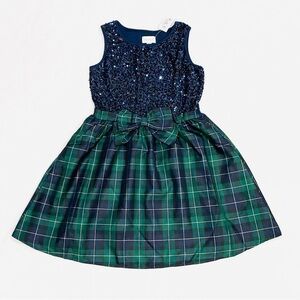 NWT Children's Place Blue Green Sequin Plaid Knit To Woven Party Holiday Dress